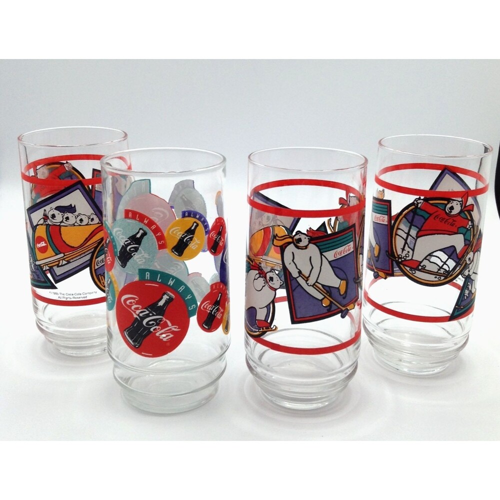 Vtg Coca-Cola Coke Drinking Glasses 4 Coolers Collectible Playful Bear USA 16 oz